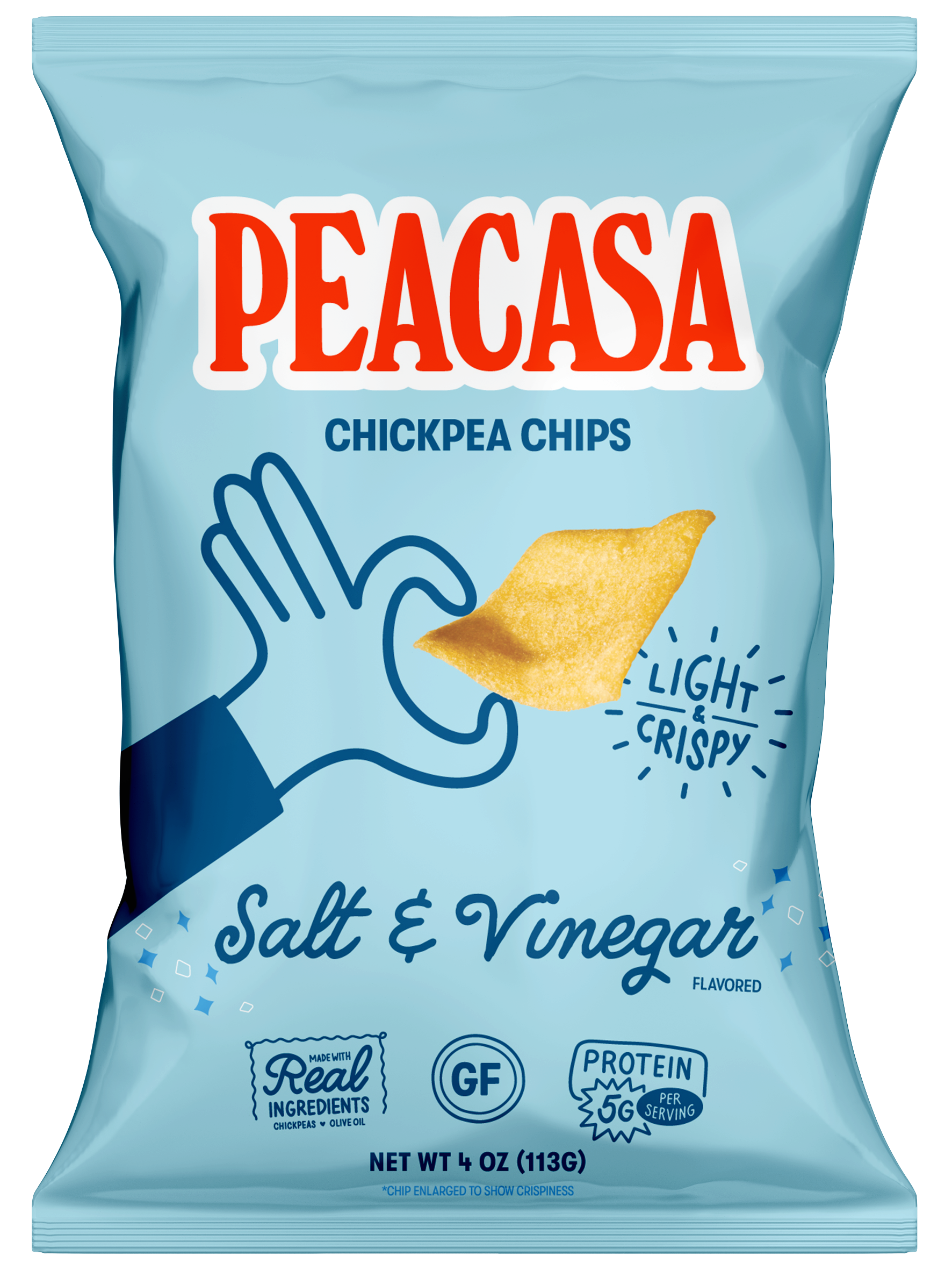 Bag of Peacasa chickpea chips flavoured salt and vinegar