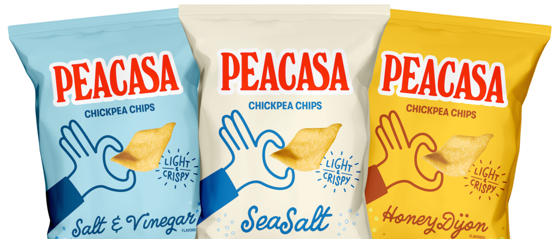 Three Peacasa chickpea chips bags in flavours Salt and Vinegar, Sea Salt, and Honey Dijon